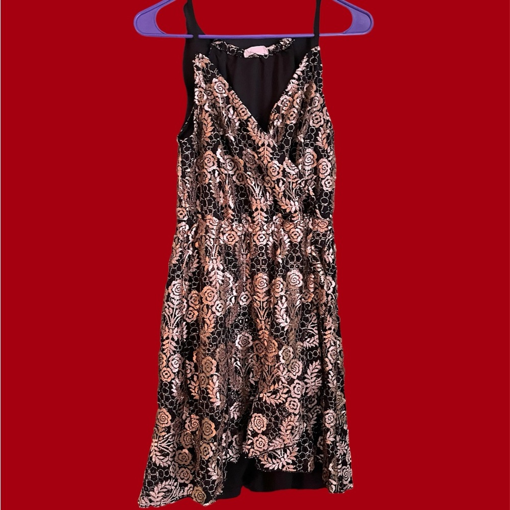 Metallic gold and black lace dress, wrap style floral, mini dress